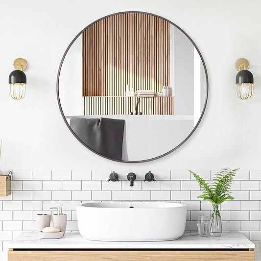36 inch Dark Grey Circle Wall Mirror, Brushed Titanium Metal Framed Round Mirror for Bathroom Vanity, Bedroom Decor, Living Room, Entryway