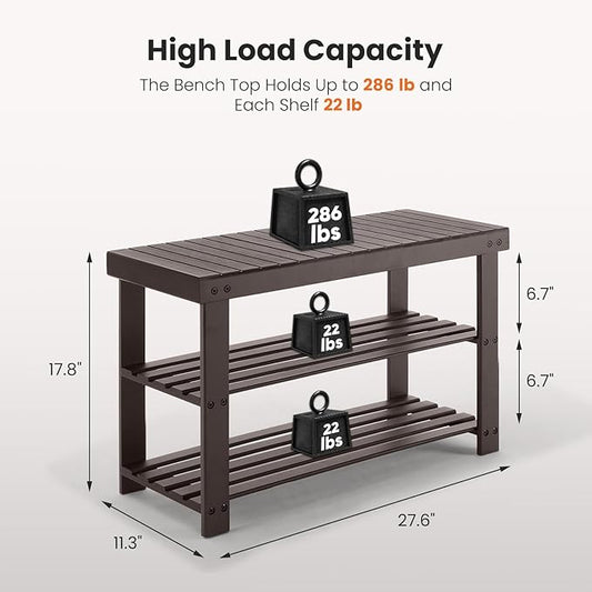 Sweetcrispy 3-Tier Shoe Rack Bench, Bamboo Entryway Storage Organizer, Shoes Stand for FrontDoor Entrance, Bedroom, Living Room, 286lb Capacity, 11.3 x 27.6 x 17.8 Inches, Chestnut