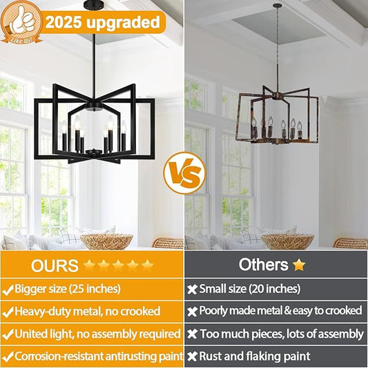 25" Modern Black Chandelier for Dining Room (6-Light, 25-Inch), Geometric Black Dining Room Light Fixture Over Table, Industrial Metal Hanging Pendant Lights for Kitchen Island, Entryway, Foyer