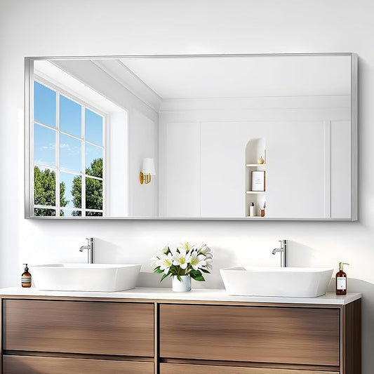 Silver Bathroom Mirror, 30x60 Inch Rectangular Deep Frame Mirror, Large Wall Mounted Bathroom Vanity Mirror Over Sink for Bedroom,Restroom, Living Room, Hangs Vertically or Horizontally