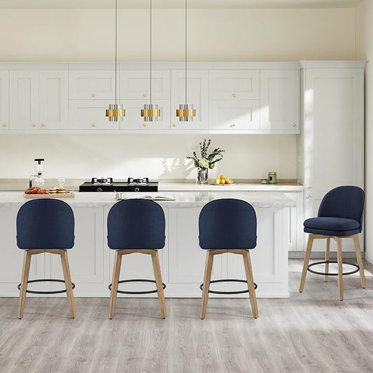 Counter Height Barstools 26 inch Upholstered Swivel Bar Stools with Back and Wood Legs for Kitchen Island,Set of 3,Blue Fabric-Armless