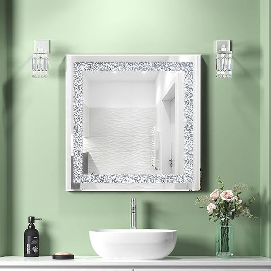 Crystal Decorative Mirror-24 x24 Rectangle Gorgeous Silver Mirror, Crush Diamond Mirror for Wall Decoration Bedroom, Hallway, Dining Room
