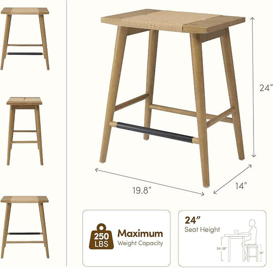 Thor Wicker Counter Height Wooden Counter Stool with Hand-Knitted Rope, K/D, Backless Island 24" Wicker Stool for Kitchen, Solid Wood, Eco-Friendly, Modern Design (Light Brown)