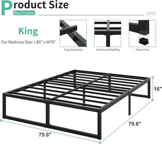 16 Inch King Size Bed Frame Sturdy Mattress Foundation, Heavy Duty Metal Platform with Steel Slats Support No Box Spring Needed, Noise Free, Easy Assembly, Black