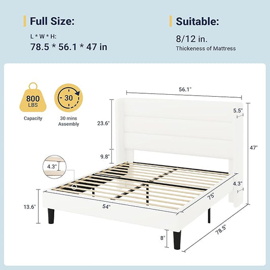 Allewie Full Size Platform Bed Frame with Velvet Upholstered Wingback Headboard, No Box Spring Needed, Under Bed Storage Space, Strong Wooden Slats, Modern Mattress Foundation, Easy Assembly, White