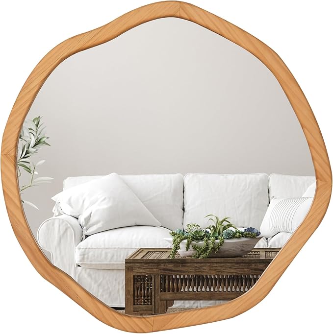 ULIKE Round Wood Mirror, 30 Inch Asymmetrical Circle Vanity Mirror with Wood Frame, Rustic Decorative Wall Mount for Bathroom Bedroom Living Room Entryway