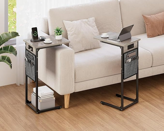 Vagusicc C Shaped End Table with Charging Station, Tall Side Table for Couch, Small Couch Side Table Recliner Tables, Slide Under Sofa Table TV Tray Arm Tables for Living Room, Bedroom, Bedside, Gray