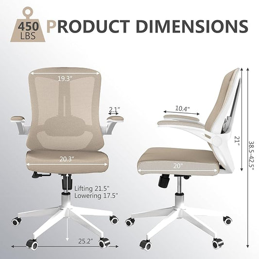 Office Chair, Ergonomic High Back Comfy Desk Chairs and Flip-up Armrest Lumbar, Swivel Tilt Function Backrest Computer Chair,PU Rolling Wheels Capacity 350LBS (Khaki)