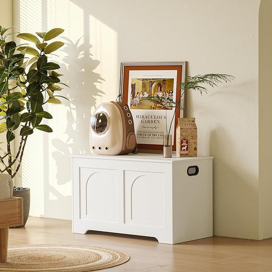 DINZI LVJ Storage Chest, 31.5”Wooden Toy Box with 2 Safety Hinges, Entryway Storage Bench with Flip-Top, Sturdy Storage Trunk for Living Room, Bedroom, Easy Assembly, White
