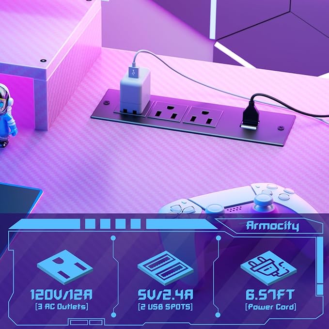 Gaming Computer Desk with Power Outlets, Gaming Desk with Hutch and LED Lights, Reversible PC Gaming Desk with Pegboard, Carbon Fiber Pink, 47"