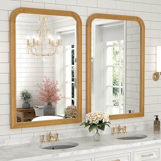 WallBeyond Wood Bathroom Mirror 20" x 30" Wooden Arched Wall Mirror Farmhouse Style Bathroom Vanity Mirror for Home Decor Rectangle Mirror (Natural)