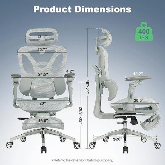 Ergonomic Mesh Office & Gaming Chair | 3D Lumbar Support, 6D Adjustable Armrests, Retractable Footrest | SGS Class 4 Certified | High Back Desk Chair for Home Office, Supports 400lbs