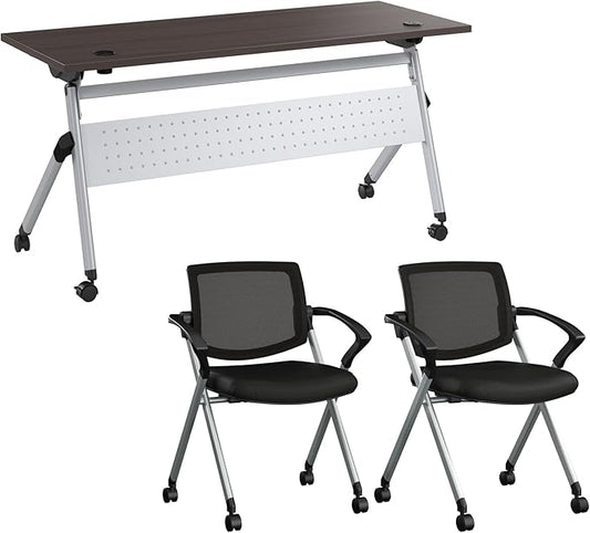 Bush Business Furniture Folding Training Table Set for 2, 60 inch Desk with Powered Grommets and 2 Chairs with Arms, Commercial-Grade Bundle for Office or Classroom, Envision Collection, Gray