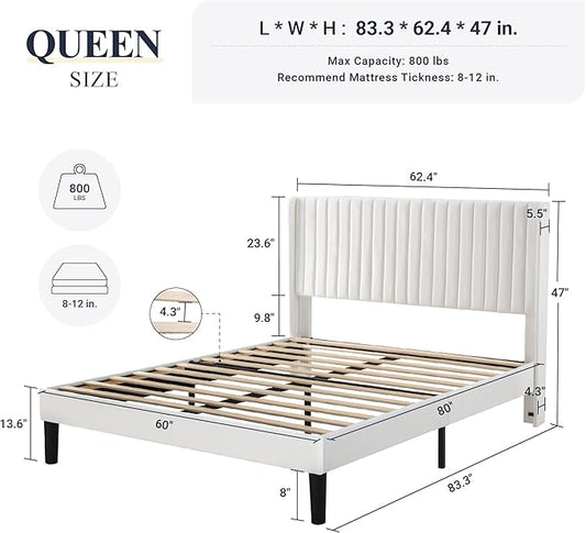 Allewie Queen Size Velvet Bed Frame/Vertical Channel Tufted Wingback Headboard/Upholstered Platform Bed/Strong Wooden Slats/No Box Spring Needed/Easy Assembly/White
