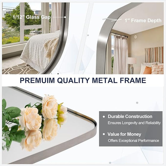 ANDY STAR Brushed Nickel Mirror, 28x36 Inch Stainless Steel Metal Frame Oblong Bathroom Mirror for Vanity, 1’’ Deep Wall Mounted Vertically/Horizontal