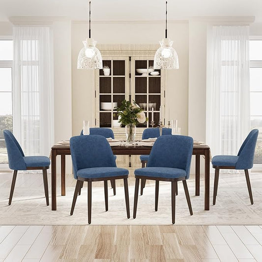 COLAMY Upholstered Dining Chairs Set of 6, Modern Kitchen Chairs with Back, Leather Side Dining Room Chairs with Wood Legs for Kitchen Dining Room Restaurant, Blue