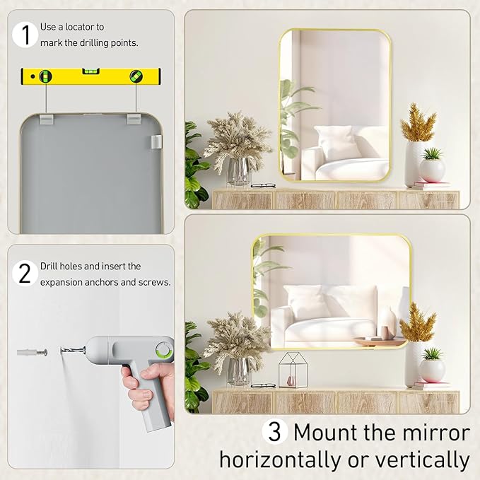 16x24 Inch Bathroom Mirror for Wall,Matte Gold Framed Rectangle Mirror with Rounded Corner,Aluminum Alloy Framed Brushed Wall Mirror for Bedroom or Living Room,Vertical or Horizontal