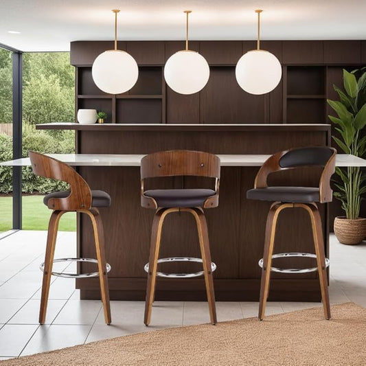 Armen Living Shelly 30" Bar Height Swivel Brown Faux Leather and Walnut Wood Bar Stool - Set of 4