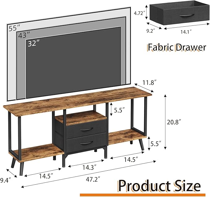 Small TV Stand with Fabric Drawers/LED Light for 55 inch TV, Entertainment Center with Storage Open Shelves,Media Console Table for Living Room, Bedroom, Rustic Brown