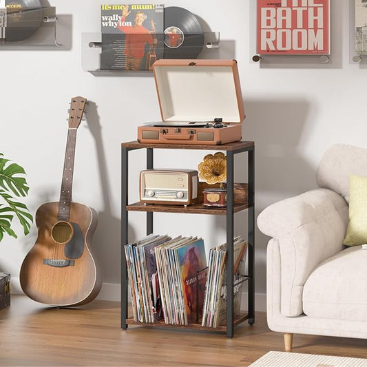 LELELINKY Record Player Stand, 3-Tier End Side Table with Vinyl Record Storage, Vinyl Record Holder Up to 120 Albums, Turntable Stand with Vinyls Storage for Music Living Room