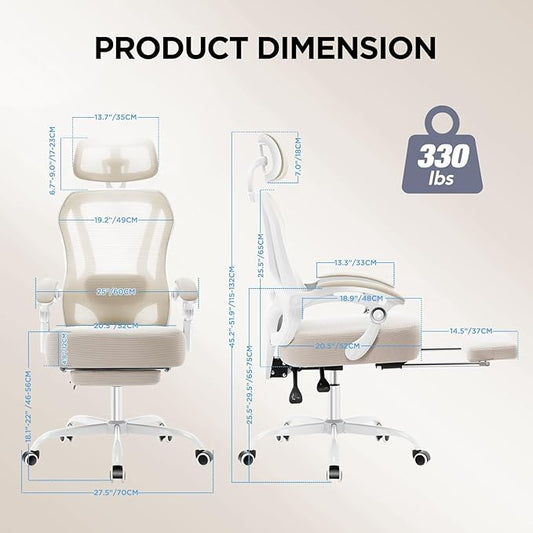 Ergonomic Office Chair with Footrest,Ultra Thick Reclining Desk Chair with Adjustable 2D Lumbar Support and Headrest,Spring Cushion,High Back Premium Mesh Computer Chair,Cream