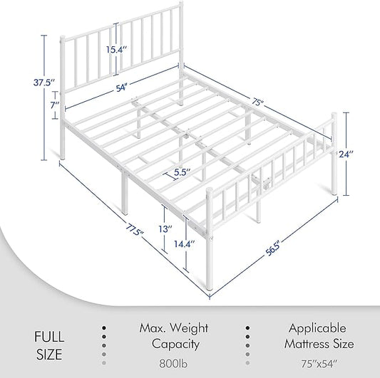 Yaheetech 14 Inch Full Size Bed Frame Metal Platform Bed with Spindle Headboard Footboard/Mattress Foundation/No Box Spring Needed/Underbed Storage Space/Steel Slat Support/Easy Set up, White