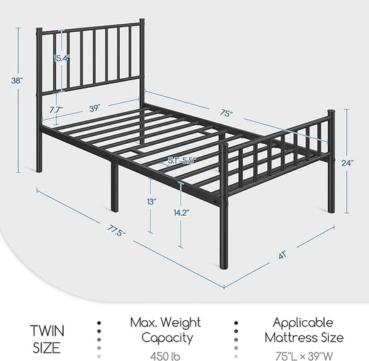 Yaheetech Twin Bed Frame Metal Platform Bed Frame Mattress Foundation with Spindle Headboard & Footboard/No Box Spring Needed/14 Inch Underbed Storage/Firm Support & Easy Set up Structure, Black