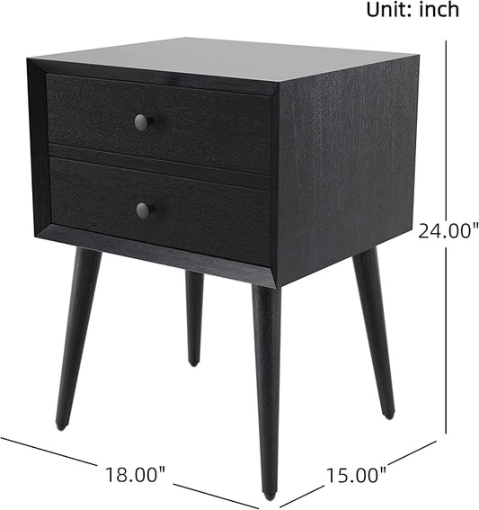Christopher Knight Home Accent Bedside End Table, Acacia Wood Nightstand Side Table, Storage with 2 Drawers, Mid-Century Nightstand with Solid Wood Leg for Bedroom Dorm and Small Space, Black