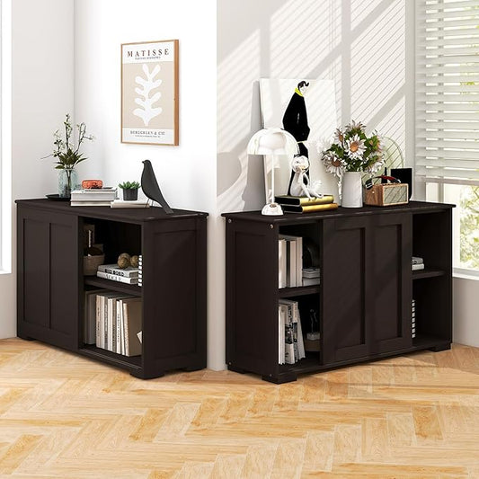 Costzon Sideboard Buffet Cabinet, Wooden Kitchen Storage With Adjustable Shelf, Sliding Barn Door, Accent Coffee Bar Console Table for Living Room, Dining Room, Hallway (Coffee)