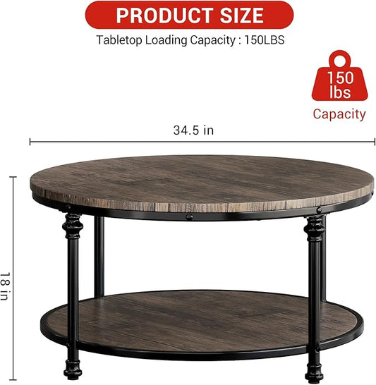 34.25in Round Wood Coffee Table,2-Tier Small Coffee Table with Storage Shelf Modern Design Home Furniture for Living Room, Apartment,Light Walnut