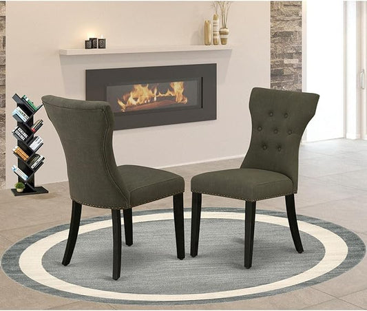 East West Furniture GAP6T50 Gallatin Parson Chairs - Button Tufted Nailhead Trim Dark Gotham Linen Fabric Upholstered Dining Chairs, Set of 2, Wirebrushed Black
