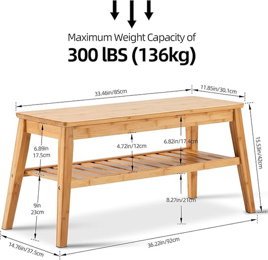 Nnewvante 33.46" Bamboo Entryway Bench, 2 Tier Indoor Storage Bench, Wood Bench for Living Room, Dining Room, Bedroom, Hallway, Holds up to 300lbs
