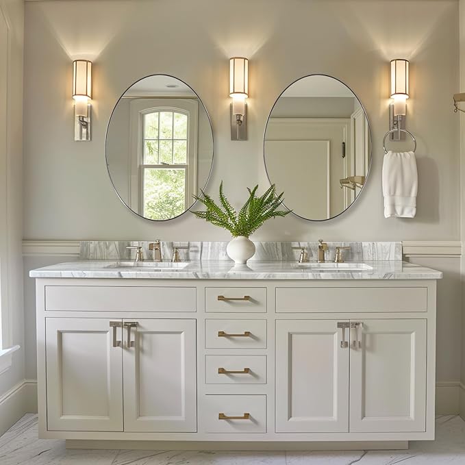 ANDY STAR Brushed Nickel Mirror Bathroom, 24x32 Inch Brushed Nickel Oval Mirror, Stainless Steel Metal Frame Oval Vanity Mirrors Hangs Horizontal or Vertical, Modern Style for Home