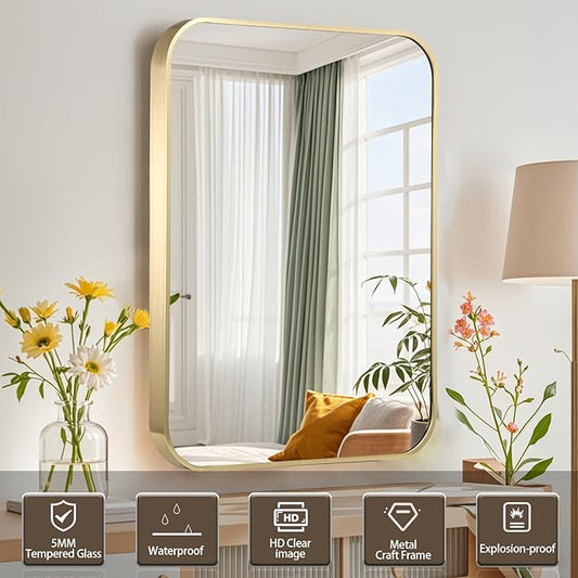 Gold Bathroom Mirror, 20x30 Inch Brushed Gold Mirror, Aluminum Alloy Framed Rectangle Bathroom Mirror for Over Sink, Anti-Rust Wall Mirror (Horizontally or Vertically)
