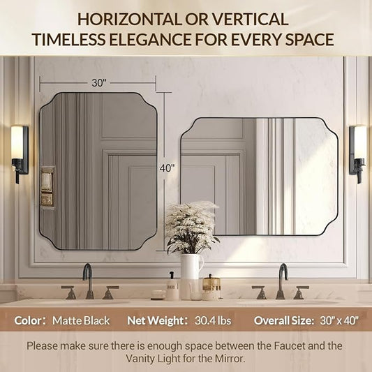 30"x40" Large Bathroom Mirror, Matte Black Scalloped Mirror for Bathroom, Black Irregular Wall Mirror, Unique Shape Design with Superior Stainless Steel Frame, Weigh 30.5Lb