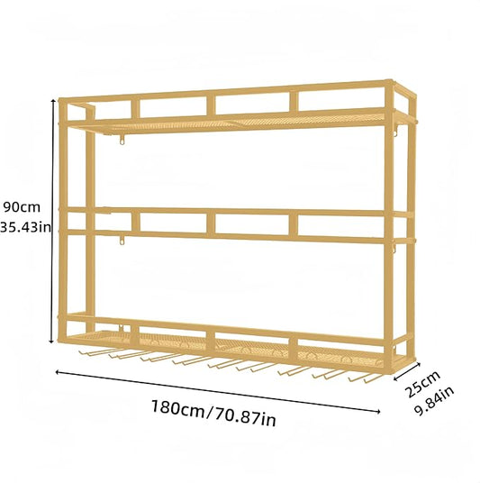 Metal Wine Rack Wall Mounted, Bar Shelves for Liquor Bottles with LED Light, 3 Tier Large Capacity Liquor Rack Wall Mounted with Glass Holder for Home Bar & Dining Room (Gold, 71in/180cm)
