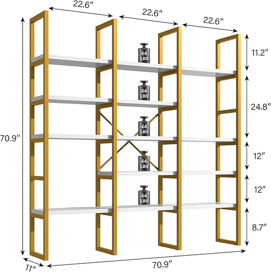Semoic Large Bookshelf 5 Tiers, Triple Wide Geometric Bookcase, 71 Inches Tall Industrial Book Shelves Etagere Book Case, Sturdy Metal Frame, Freestanding Display Shelving Unit (Gold and White)