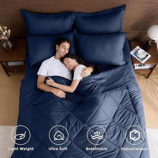 HEVUMYI Navy Blue King Comforter Set - 7-Piece All Season Bed in a Bag King, Ultra Soft Bedding Set with Comforter, Flat Sheet, Fitted Sheet, Pillowcases, Pillow Shams, Navy Blue