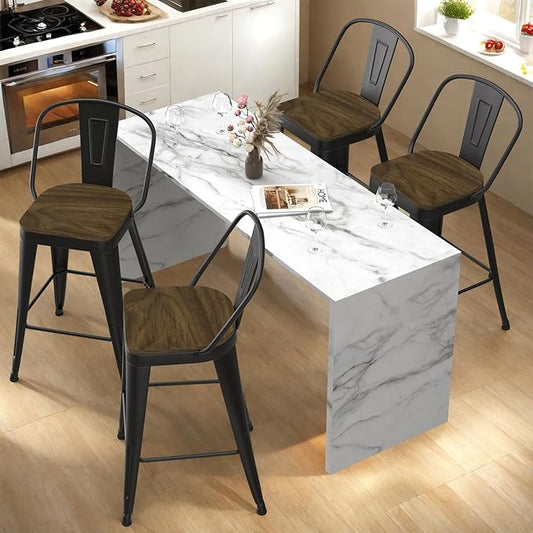 Metal Bar Stools Set of 4, High Back Bar Stools with Wooden Seat, 26 inch Black Barstools for Kitchen Island