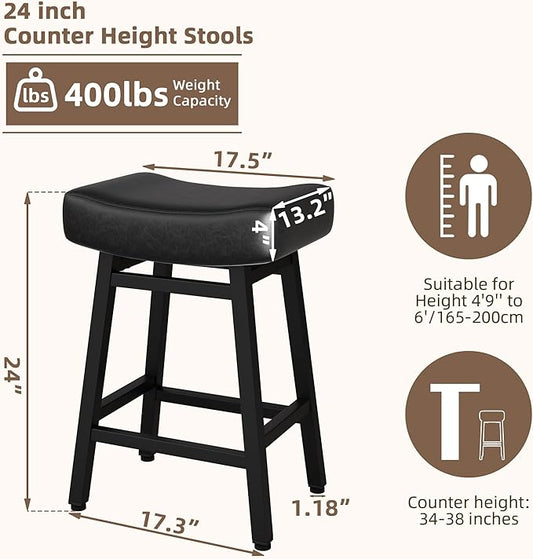 Counter Height Bar Stools Set of 3, 24 Inch Backless BarStools for Kitchen Island Leather Saddle Bar Chairs Kitchen Stools with 4" Thick Seats & Heavy Duty Metal Base, Black