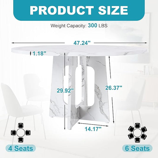 47" Round Dining Table for 4-6, Modern Small Dinner Table Farmhouse Round Kitchen Tables with Marble White Finish for Dining Room, Kitchen, Living Room, Marble White