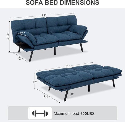 Vipbear Futon Sofa Bed Couch, 71" Convertible Sofa Bed, Space-Saving Loveseat with Adjustable Backrest & Armrest for Living Room,Apartment,Office,Blue Sleeper Sofa