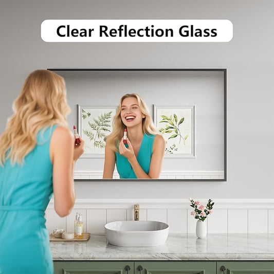 Koonmi Bathroom Mirror 30x48 Black Bathroom Wall-Mounted Mirrors, Modern Vanity Mirror for Bedroom, Living Room, Aluminum Alloy Frame Allow to Hang Horizontally or Vertically