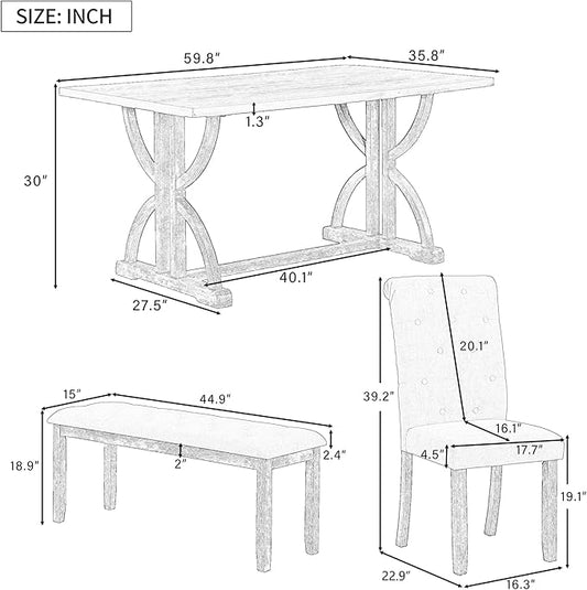 Ball & Cast 6-Piece Dining Table Set, 60" Rectangular Dining Table with 4 Upholstered Chairs & 1 Bench for Dining Room and Kitchen Gray Wash