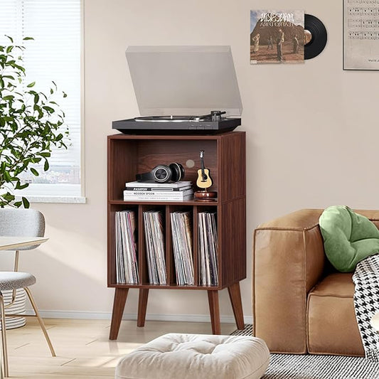 Lerliuo Record Player Stand, Walnut Turntable Stand Holds up to 160 Albums, Mid-Century Vinyl Storage Cabinet Table with Solid Wood Legs, Record Player Holder Dispaly Shelf for Bedroom Living Room