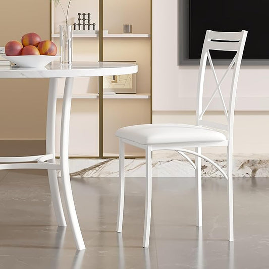 VECELO Metal Dining Chairs Set of 4, Steel Legs and PU Leather Cushion Seats for Kitchen, Living Room, White
