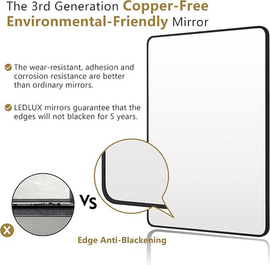 30"x30" Bathroom Wall Mirror with Matte Black Metal Frame & HD Glass, Copper-Free Mirrors Modern Rectangle Round Corner Framed Vanity Mirror - Horizontal or Vertical Installation