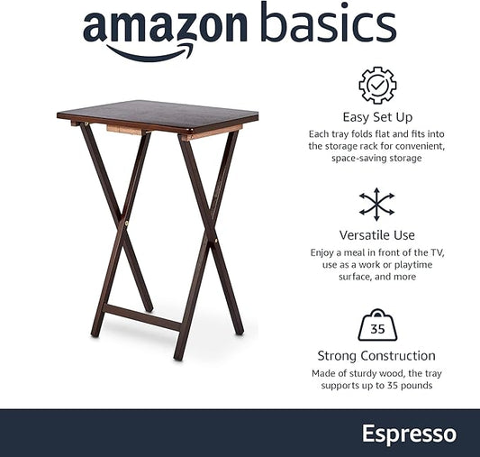 Amazon Basics Classic Foldable TV Dinner Tray Table with Storage Rack, 14.6 L x 19 W x 26 H inch, Espresso, 4-Pack