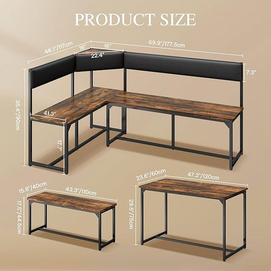 DWVO 3-Piece Dining Table Set for 4-6 People 47.2" Corner Dining Room Table with Left Seat Corner Bench and 43.3" Bench Brown Industrial Kitchen Table for Breakfast Nook Kitchen Living Room Restaurant