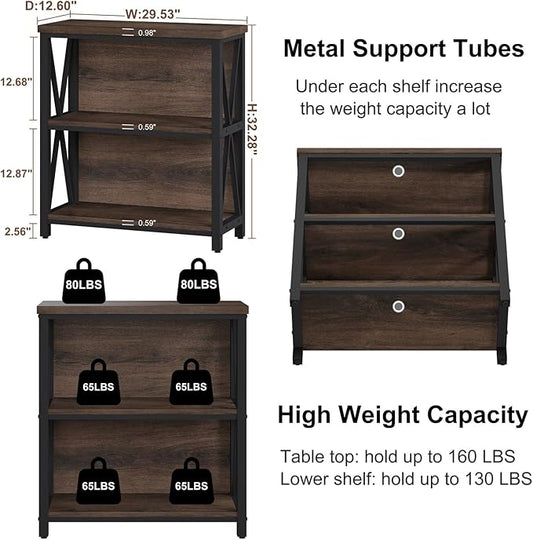 FATORRI Small Bookshelf, Rustic Book Shelf for Small Space, Low Short Bookcase, Industrial Wood and Metal Bookshelf and Bookcase for Living Room (Rustic Brown)